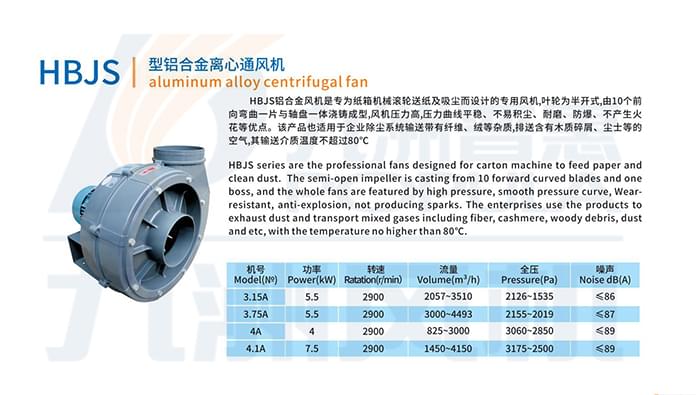 九洲HBJS型铝合金离心通风机参数